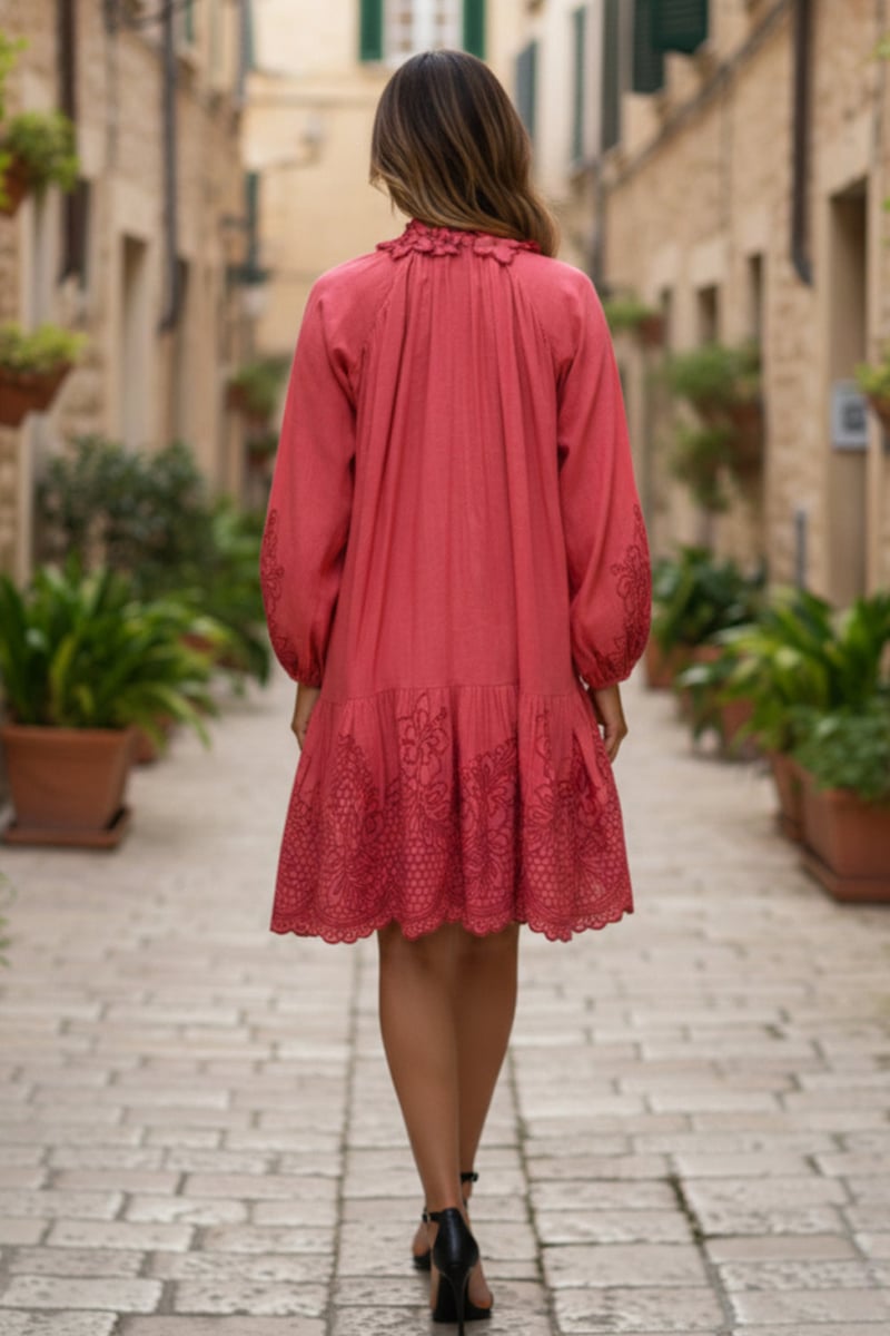 Pink Tiered Knee-Length Dress with Tie-Up Neck