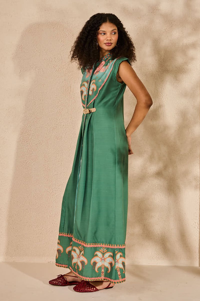 Green Placement Print Fit and Flare Maxi Dress