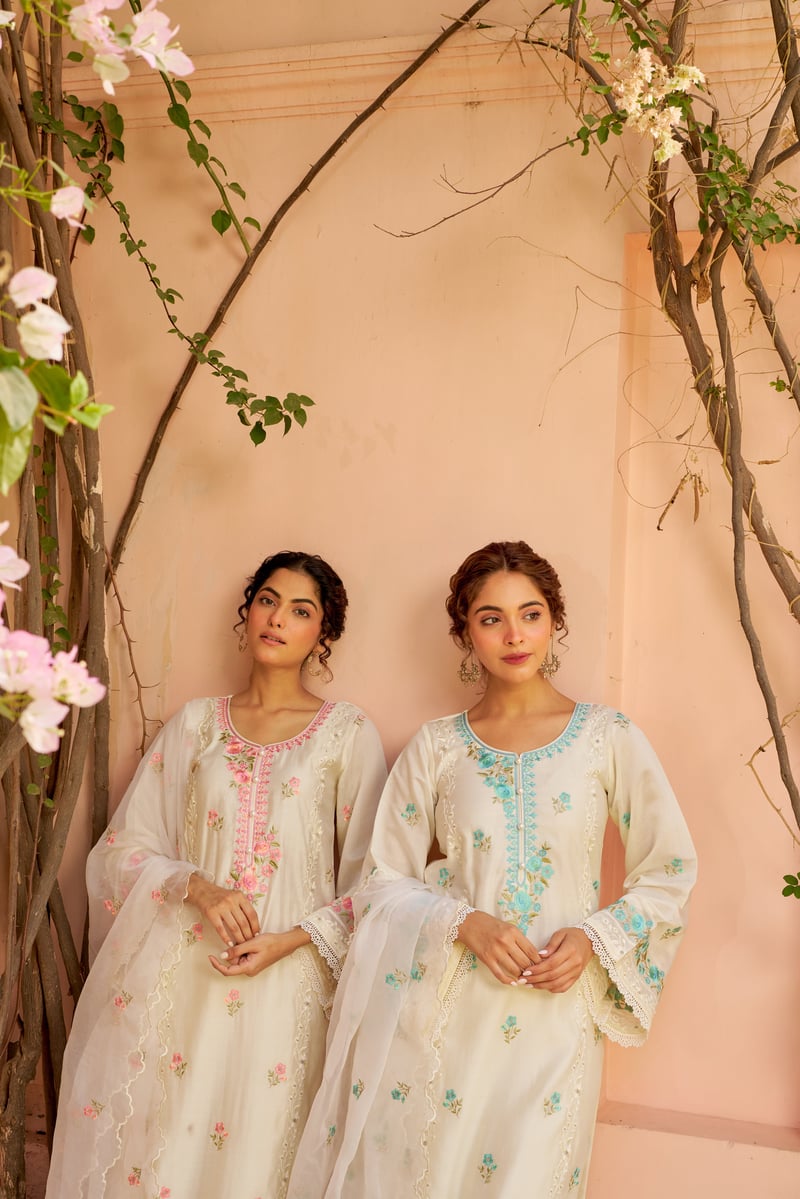 Ivory Chanderi Embroidered Straight Suit Set with Dupatta