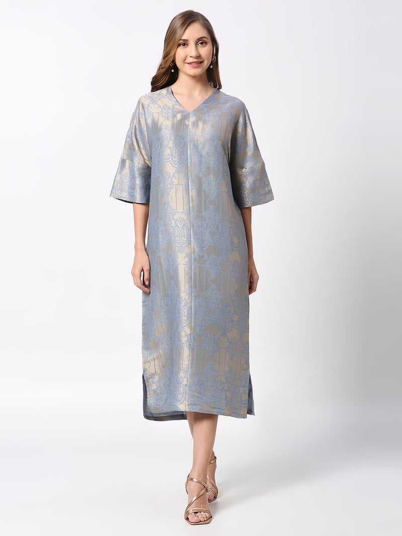 Blue Metallic Brocade Tunic Midi Dress