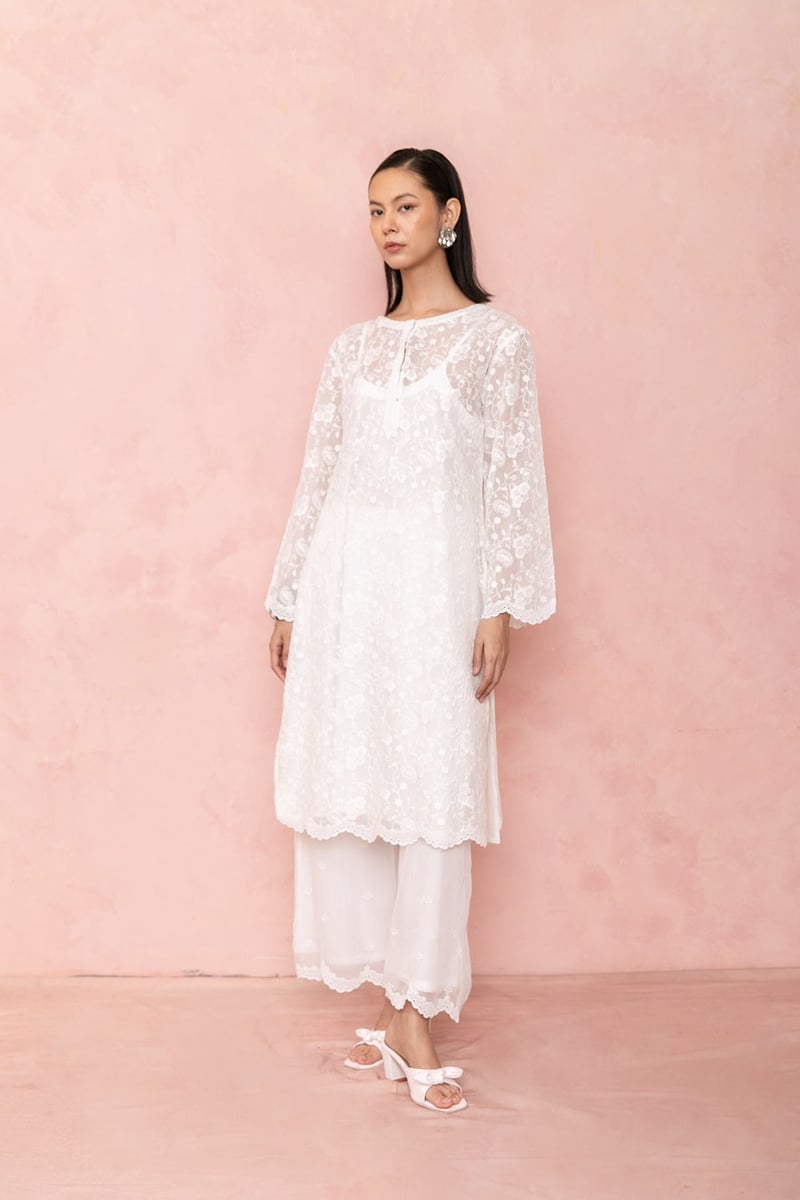 White Organza Tonal Embroidered Kurta Set