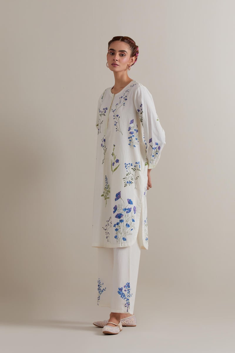 Off-White Floral Block Print Straight Kurta Set