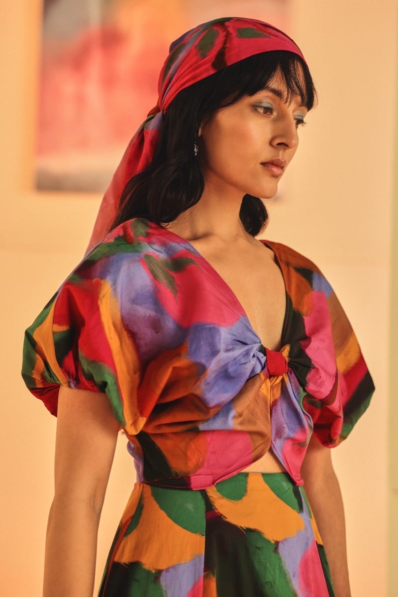 Multicolor Abstract Floral Fit and Flare Maxi Dress