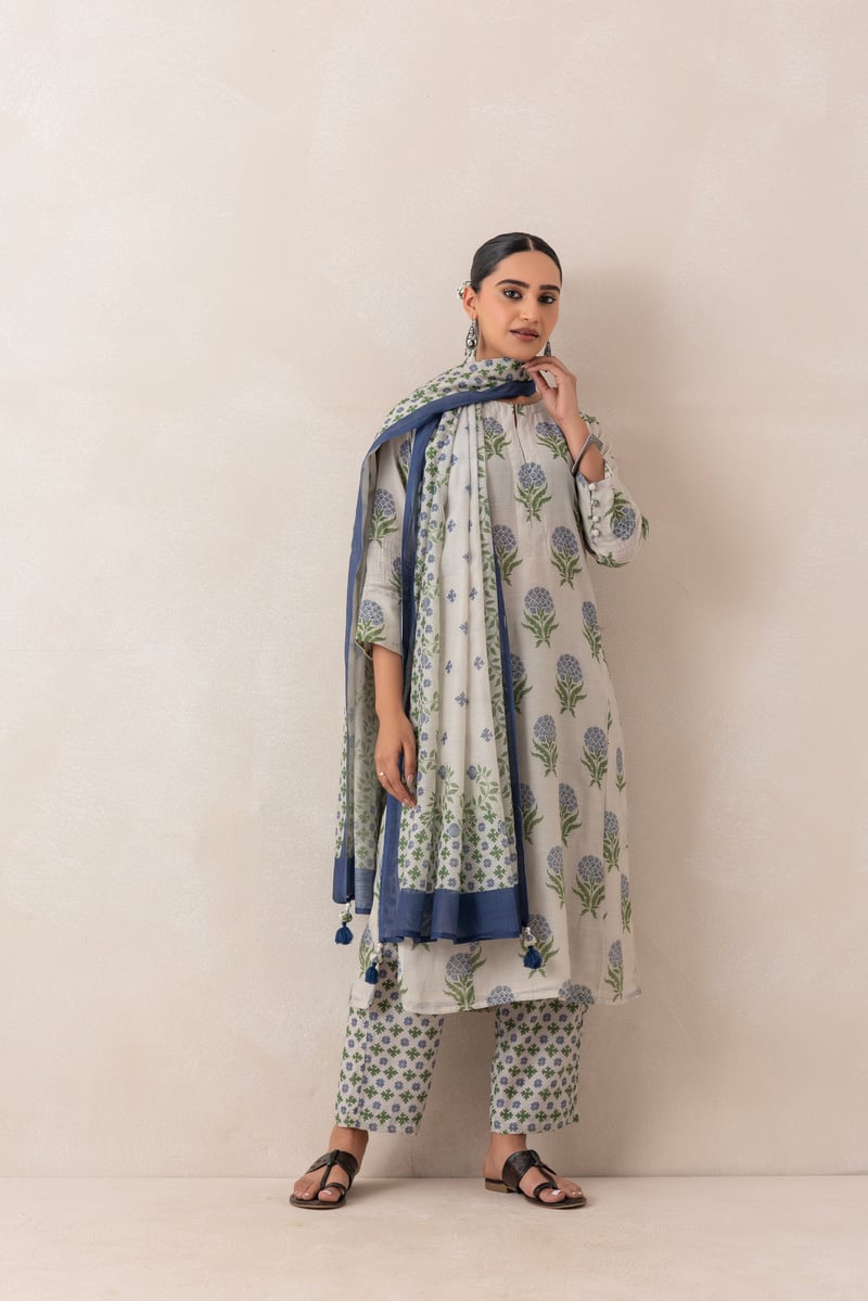Grey and Blue Floral Buta Printed Kurta Set with Dupatta