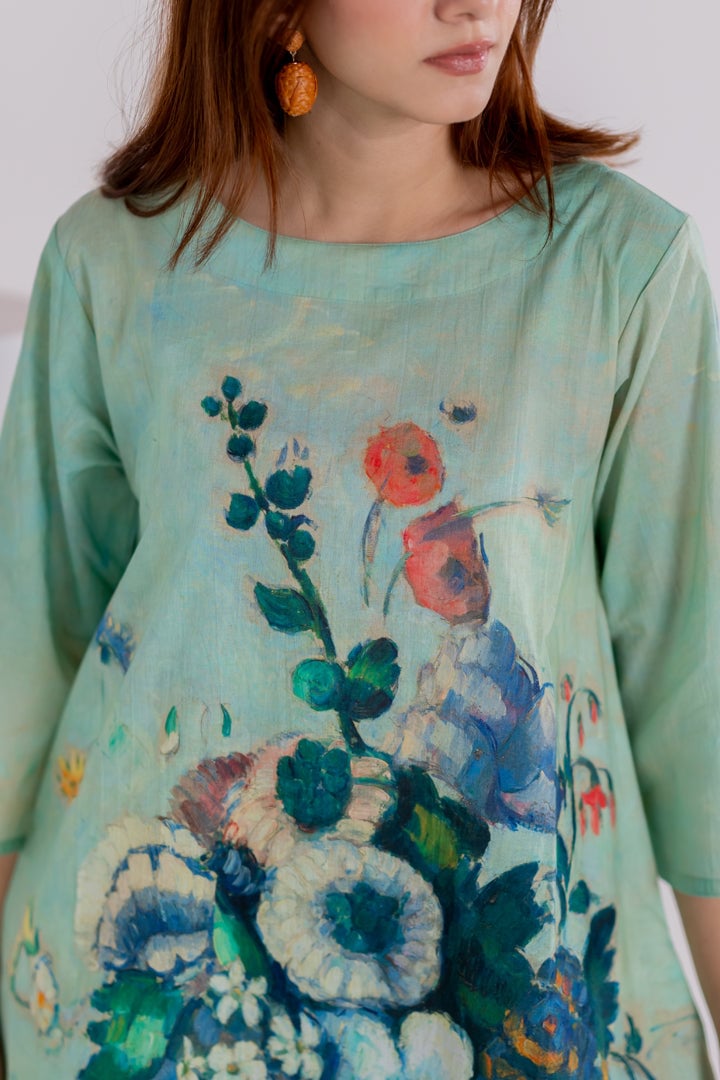 Aqua Green Printed A-Line Kurta and Pant Set