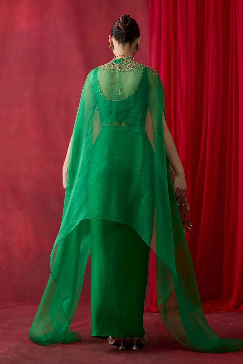 Green Embroidered Cape Co-ord Set with Draped Maxi Skirt