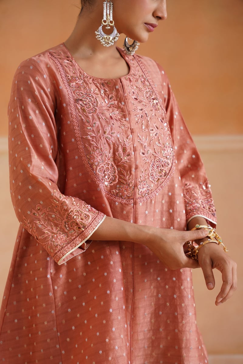 Peach Blush Embroidered Chanderi Kurta Set with Dupatta