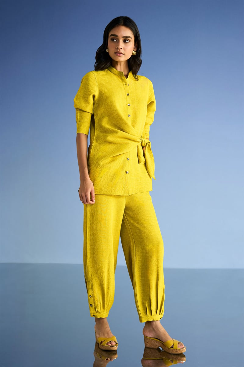 Chartreuse Linen-Blend Side-Tie Button-Down Longline Top