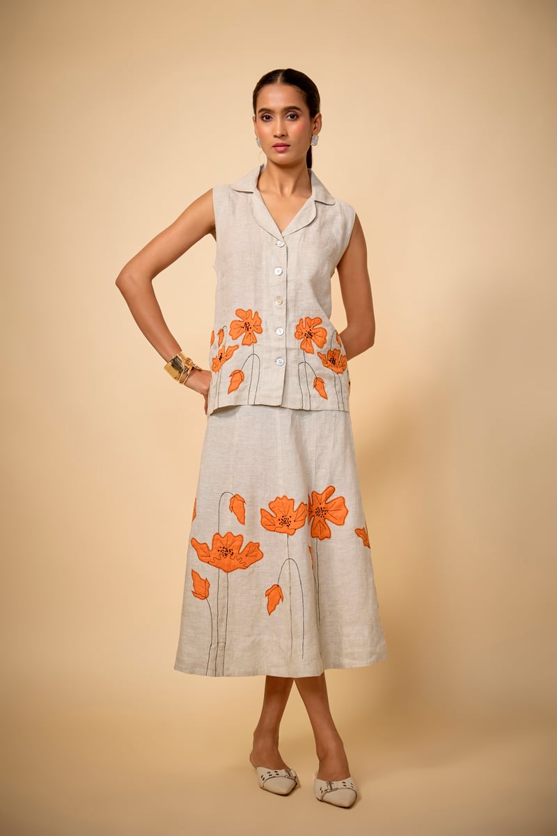 Beige Linen Floral Top and Midi Skirt Co-ord Set — Linen Bloom