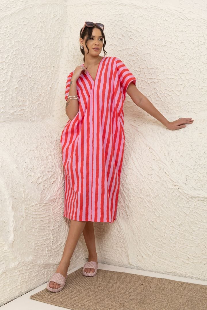 Pink Striped Cotton Kaftan Midi Dress