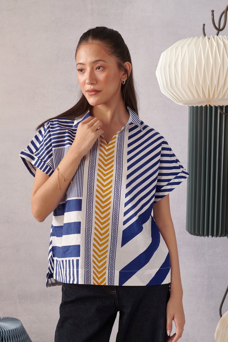 Blue and White Striped Boxy Cotton Top with Collar
