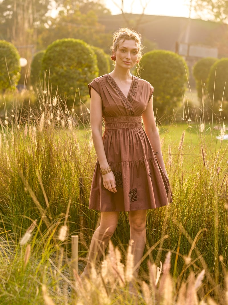 Brown Cotton Embroidered Fit and Flare Mini Dress