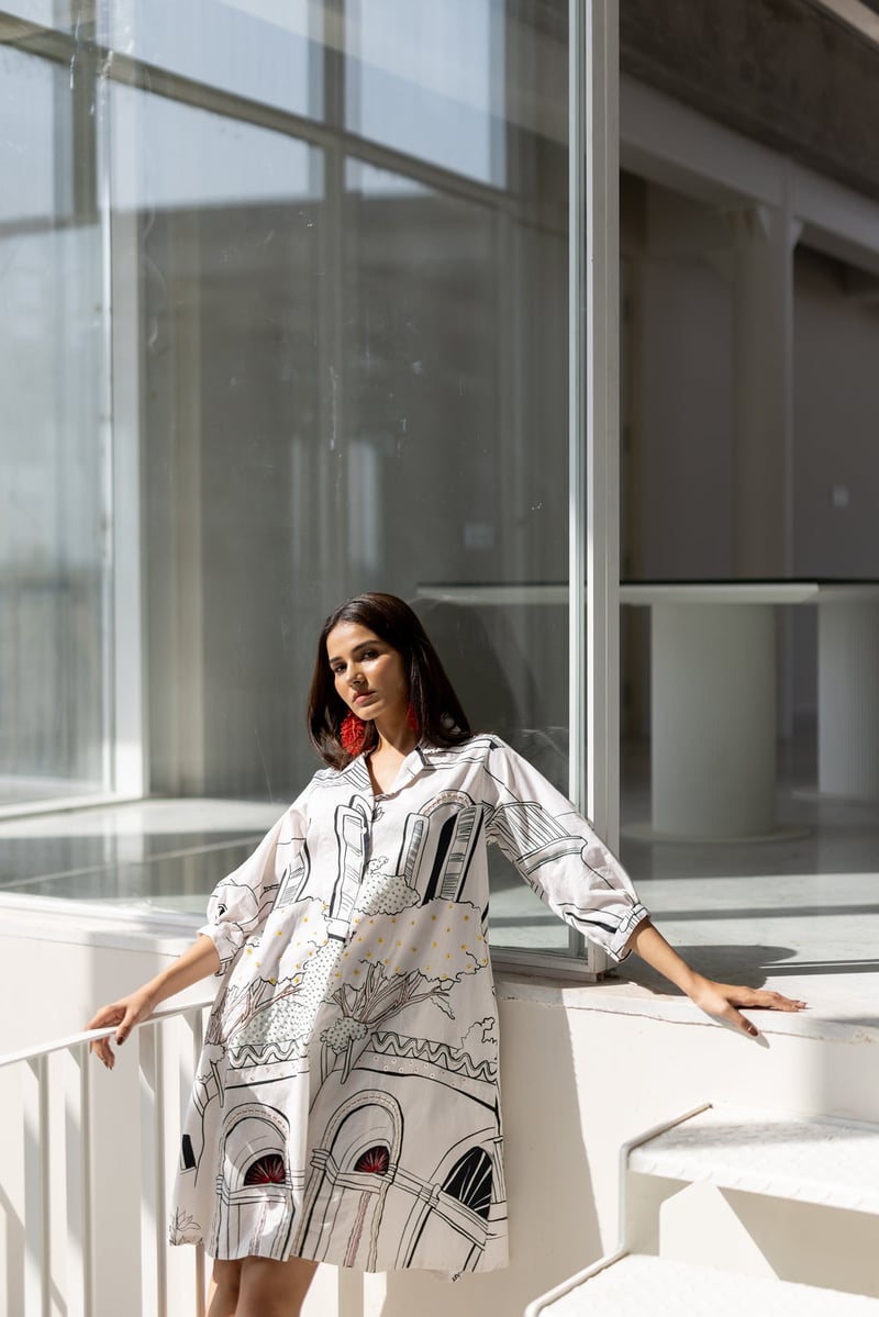 White Graphic Print Shirt Dress