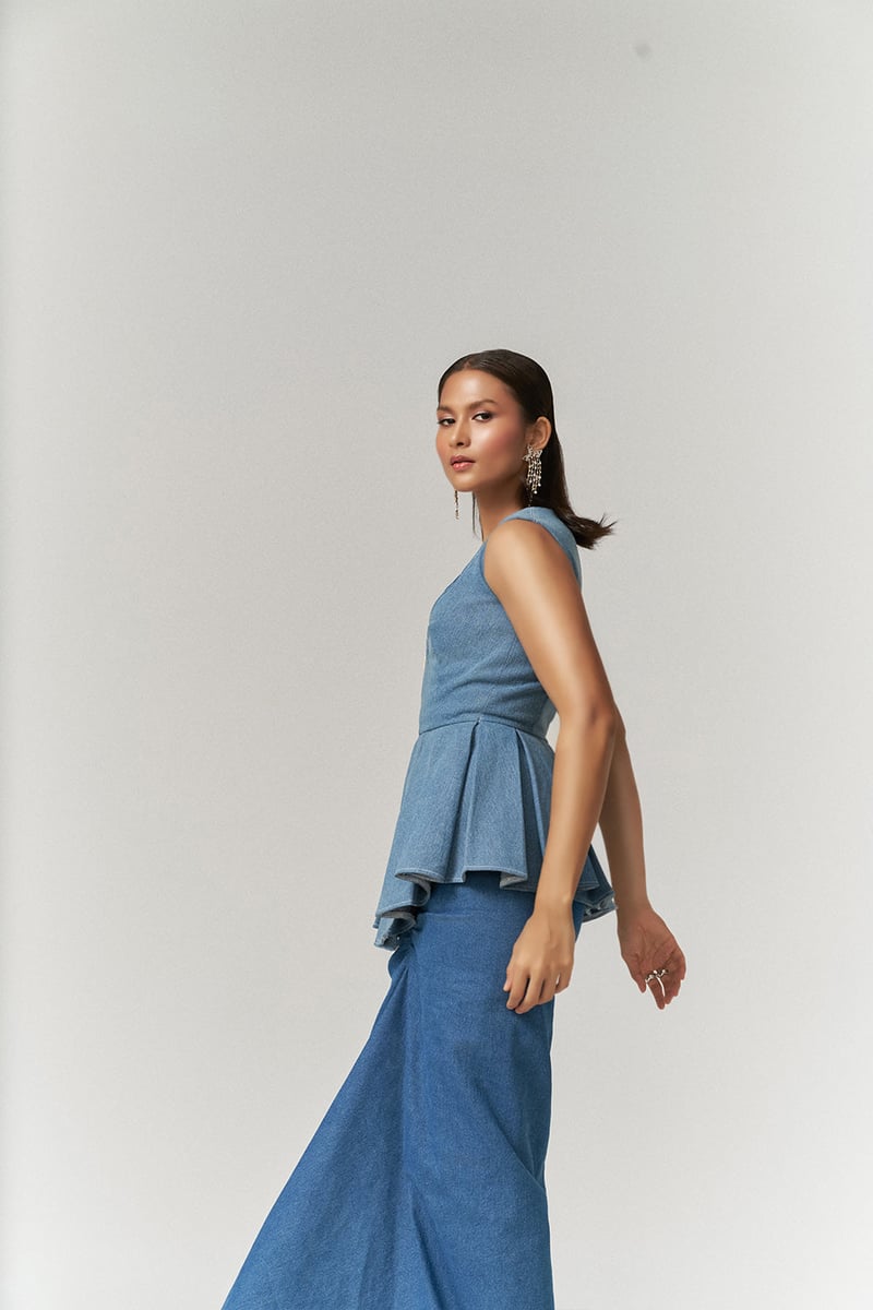 Blue Denim Bustier and Asymmetrical Maxi Skirt 3-Piece Set