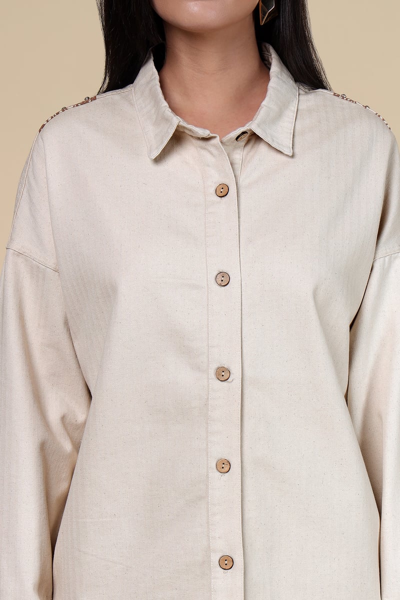 Beige Relaxed-Fit Button-Down Shirt with Back Motif