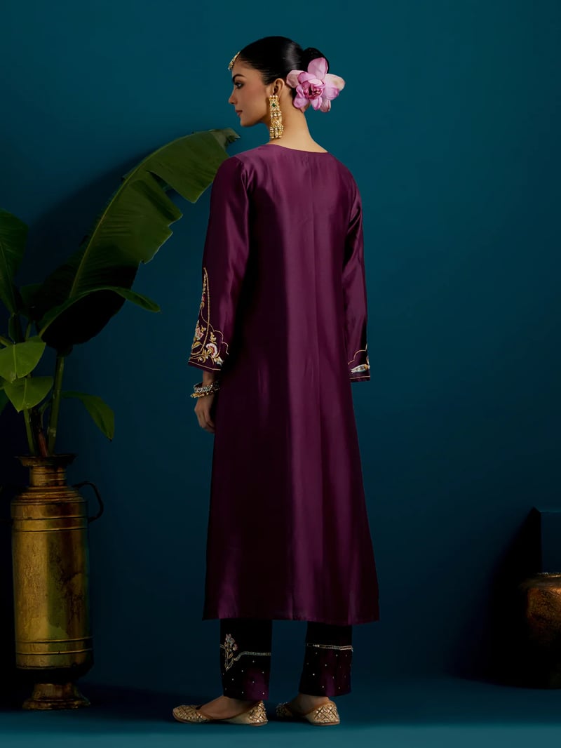 Purple Silk Chanderi Embroidered Kurta Pant Set