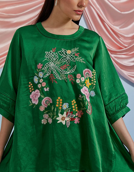 Forest Green Linen Satin Embroidered Top and Trouser Co-ord Set