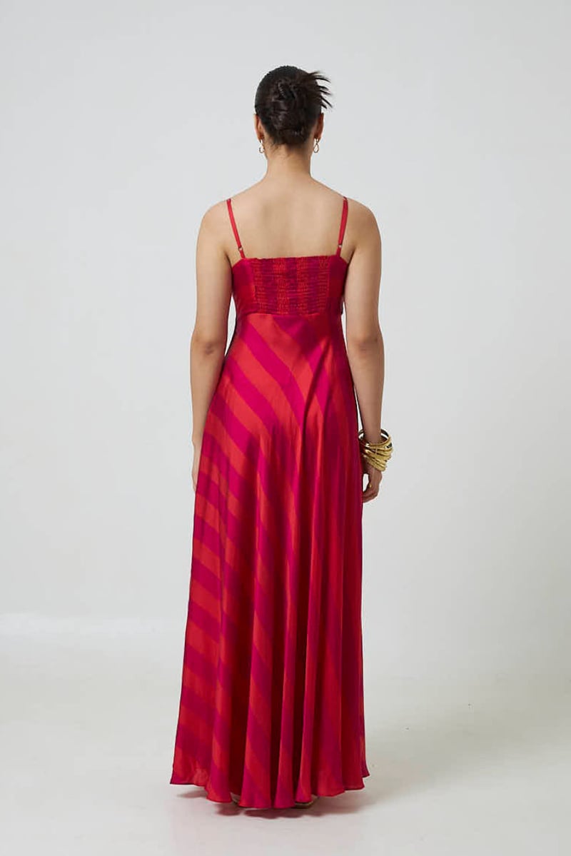Pink/Red Striped Satin Maxi Dress