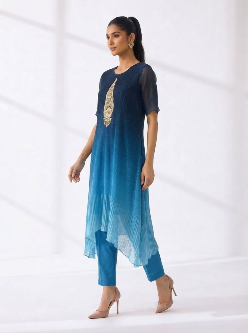 Ombre Ocean Blue Georgette Kurta Pant Co-ord Set