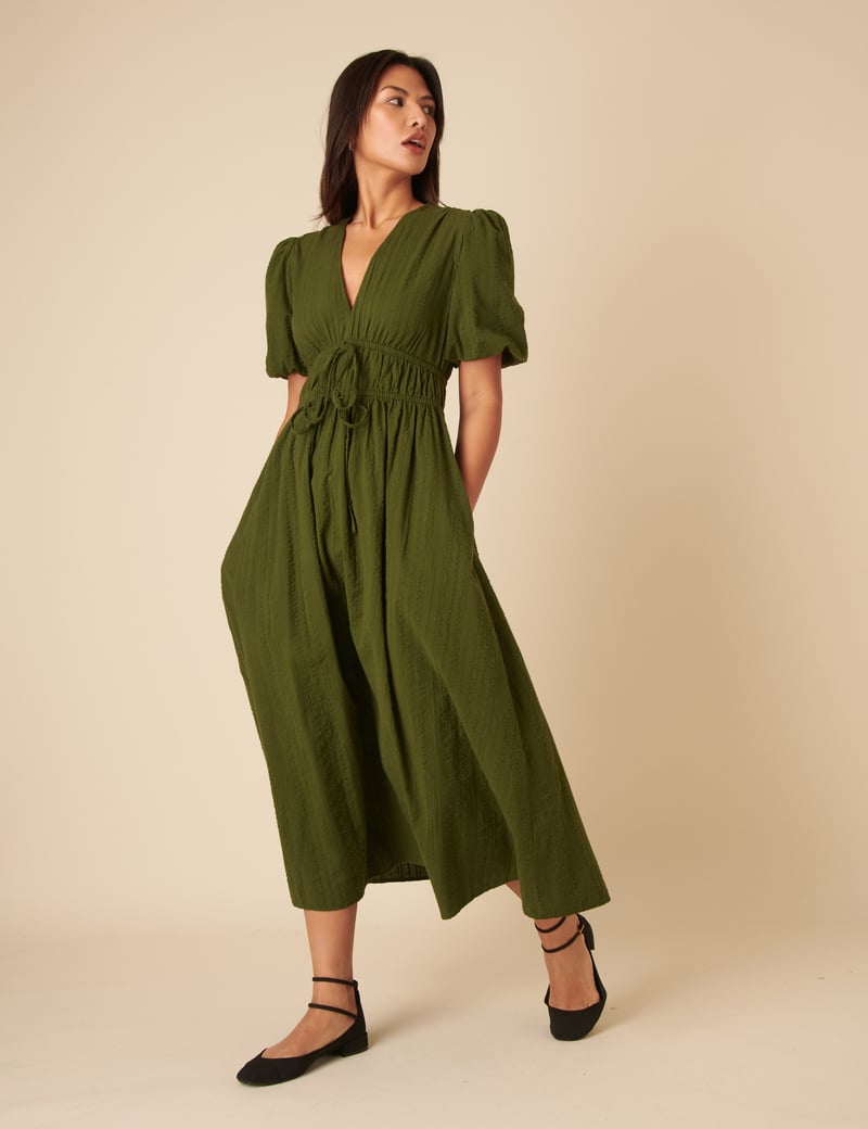 Khaki V-Neck Puff Sleeve Shirred Waist Midi Dress