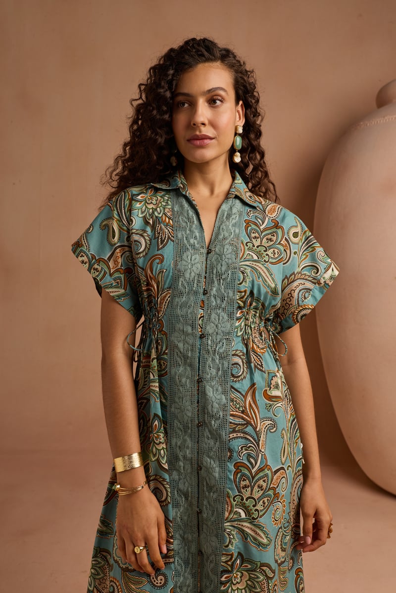 Blue Paisley Print Midi Shirt Dress with Waist Ties