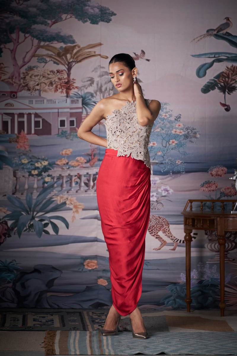 Silver One-Shoulder Embroidered Top and Red Maxi Skirt Set