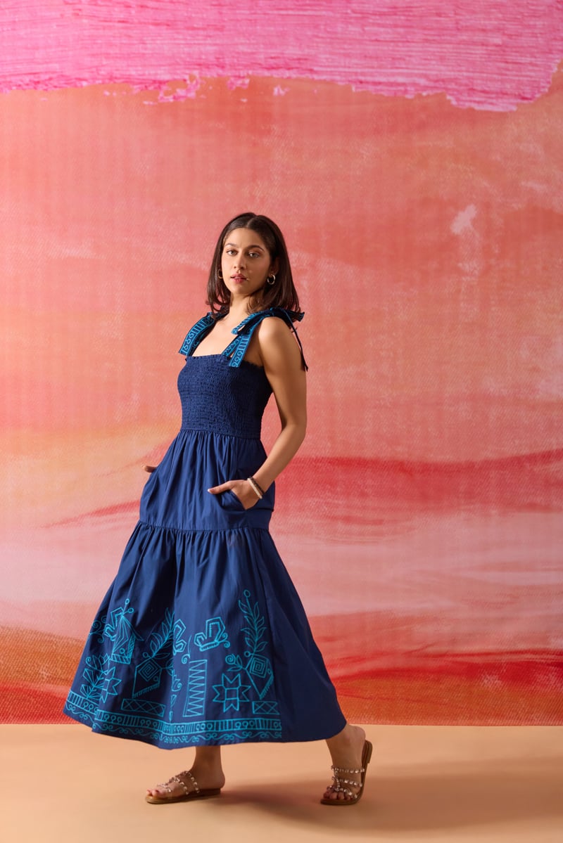 Blue Smocked Tiered Midi Dress with Embroidered Ties
