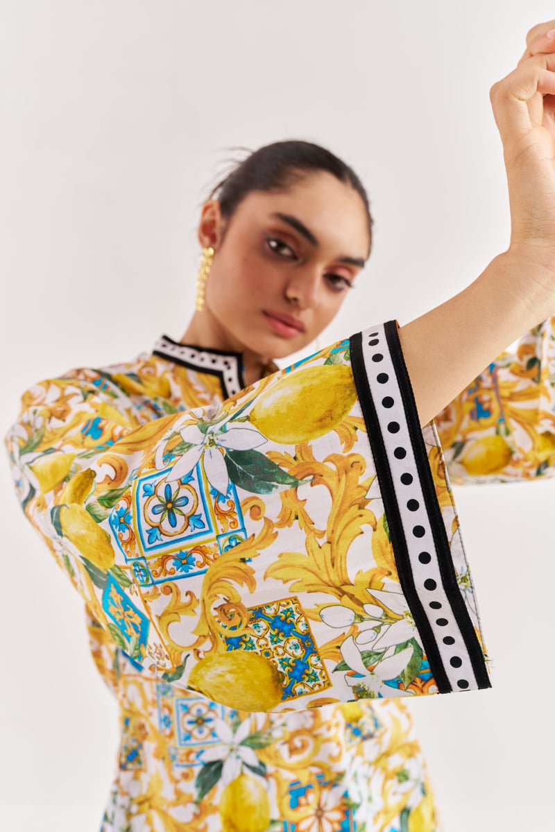 White/Yellow Lemon Print Cotton Poplin Maxi Kaftan