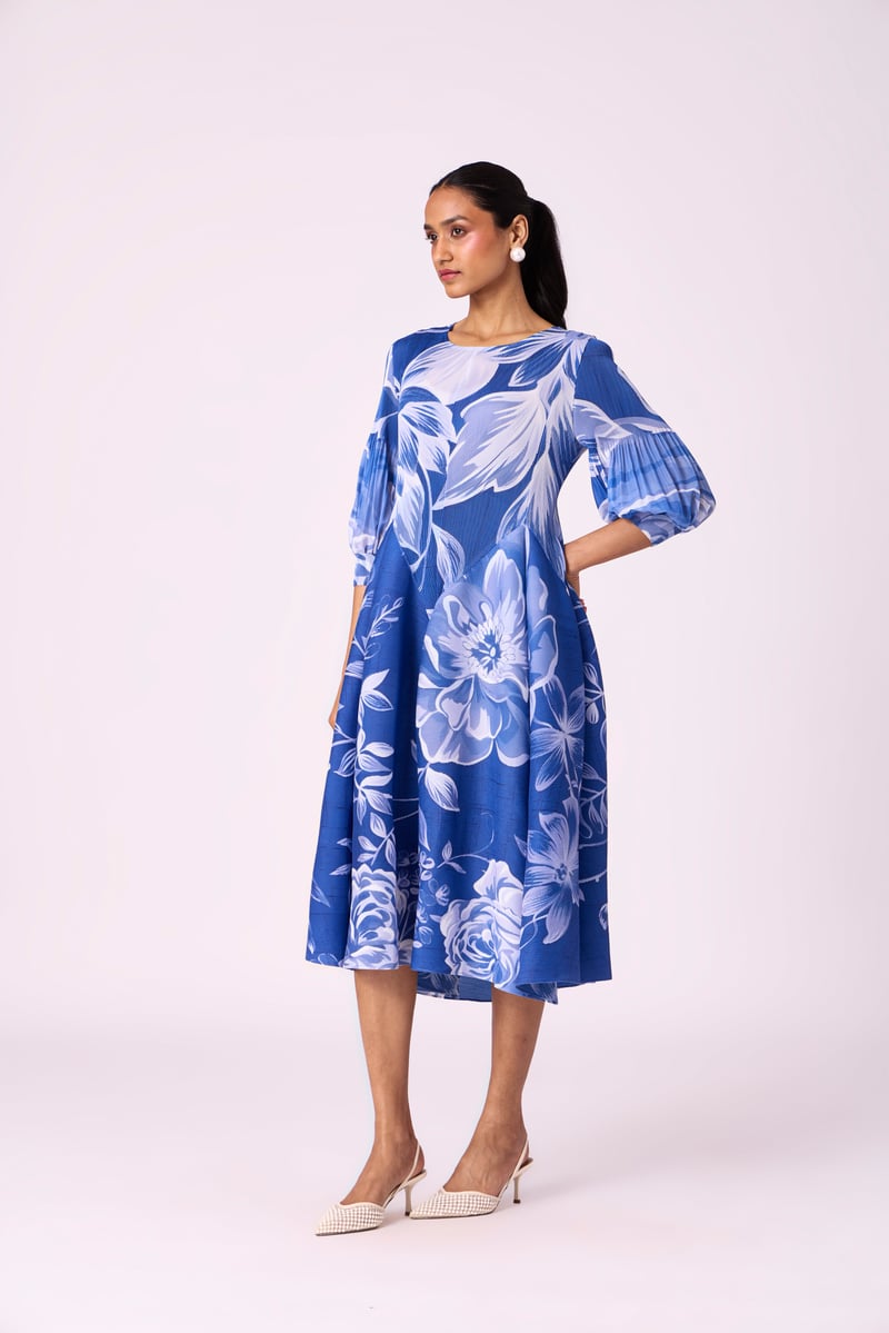 Blue Floral Pleated Fit and Flare Midi Dress