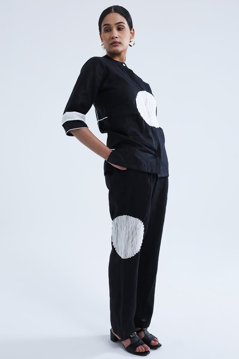 Black Hemp Shirt with White Dori Motif and 3/4 Sleeves