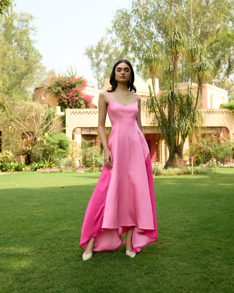 Pink Colorblock Fit and Flare High-Low Midi Dress — Houseofsoi