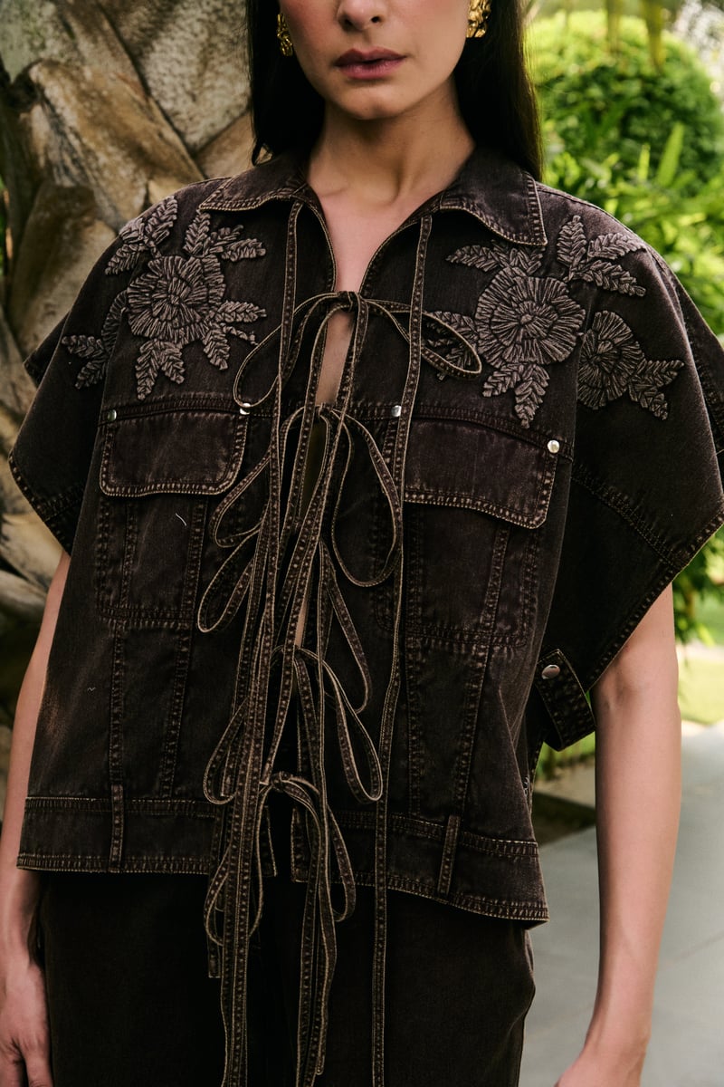 Brown Denim Embroidered Co-ord Set with Tie-Up Top
