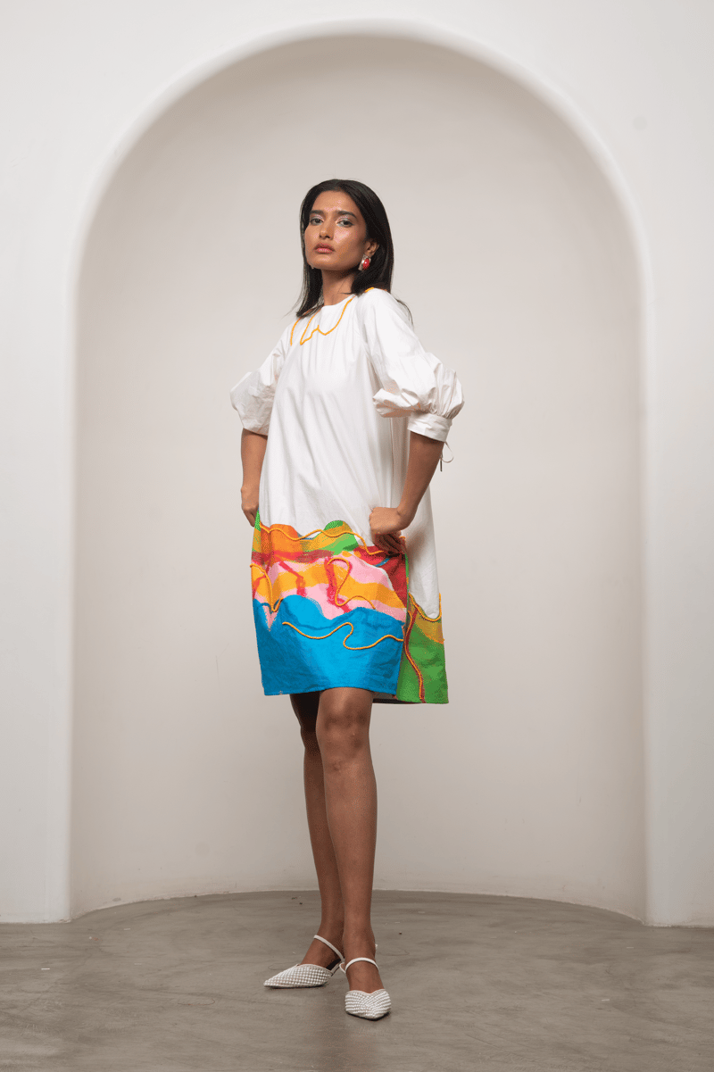 White Poplin Shift Mini Dress with Colourblock Hem