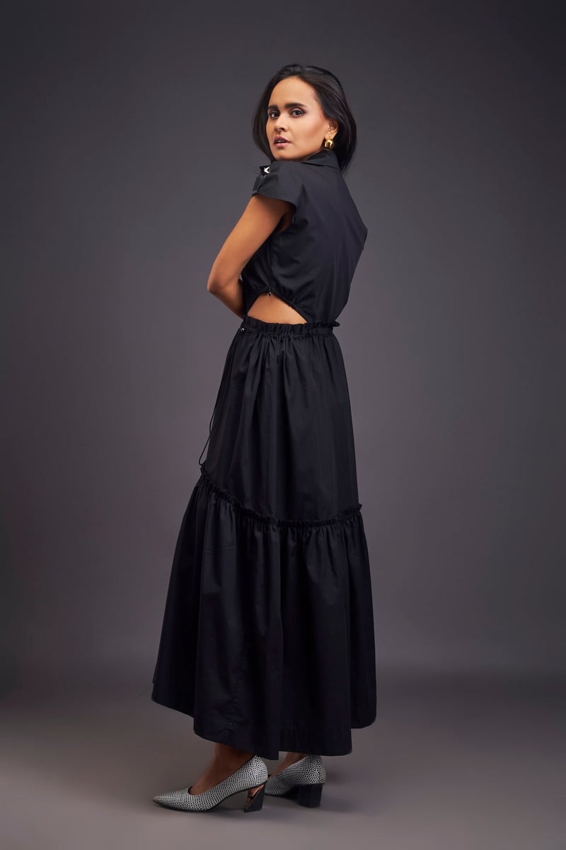 Black Lapel Collar Midi Dress with Side Cutouts
