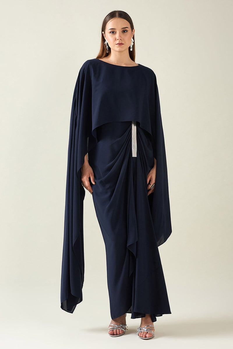 Navy Alloy Drape  Dress — Aakaar