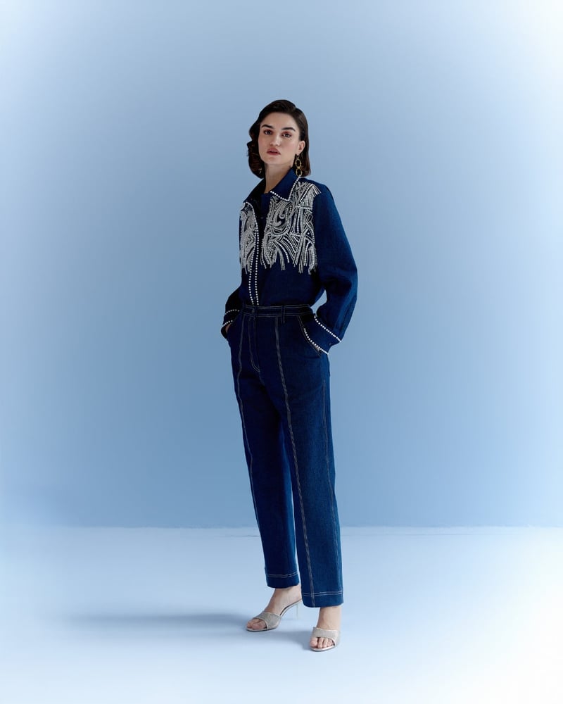 Blue Denim Pearl Embellished Button-Down Shirt