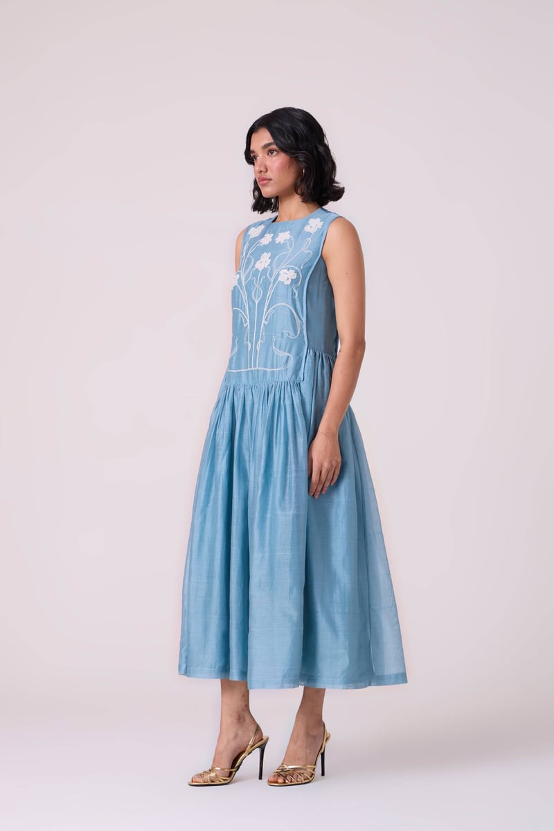 Blue Handwoven Chanderi Embroidered Maxi Dress
