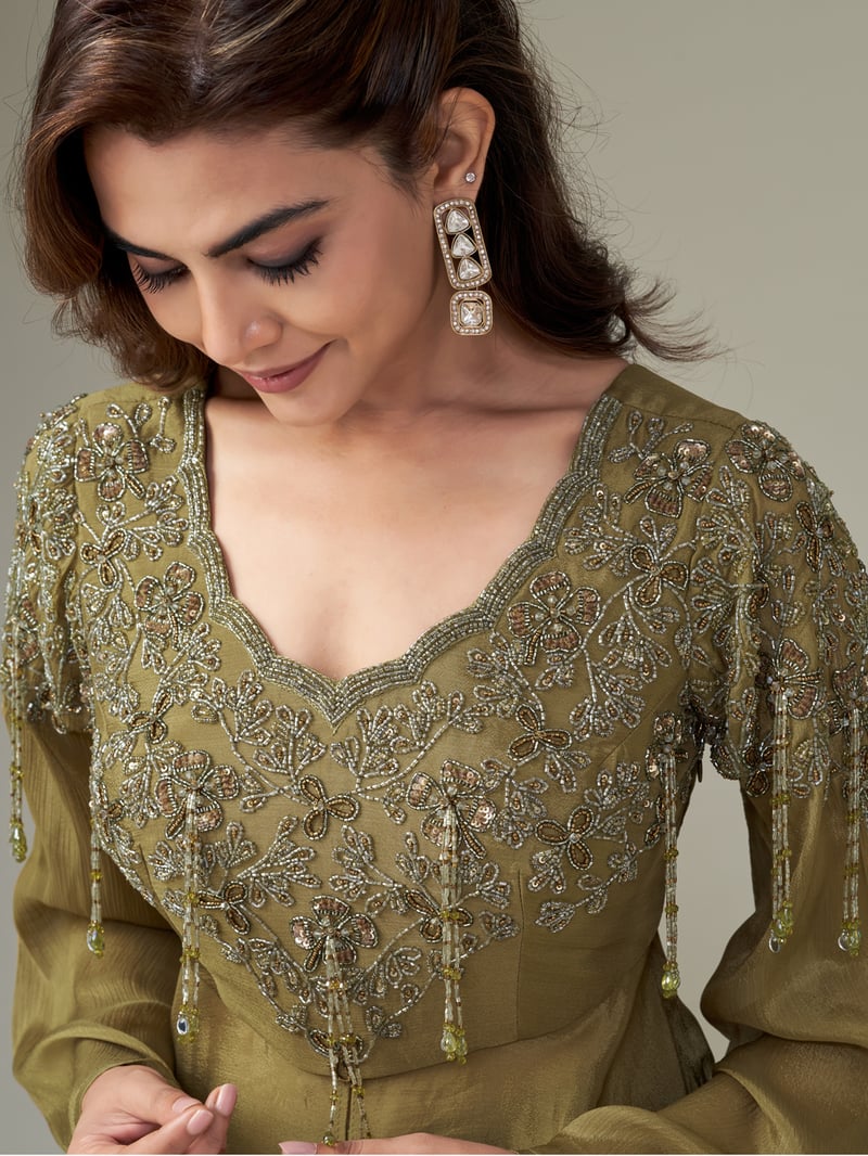 Olive Gold Chiffon Embroidered Co-ord Set