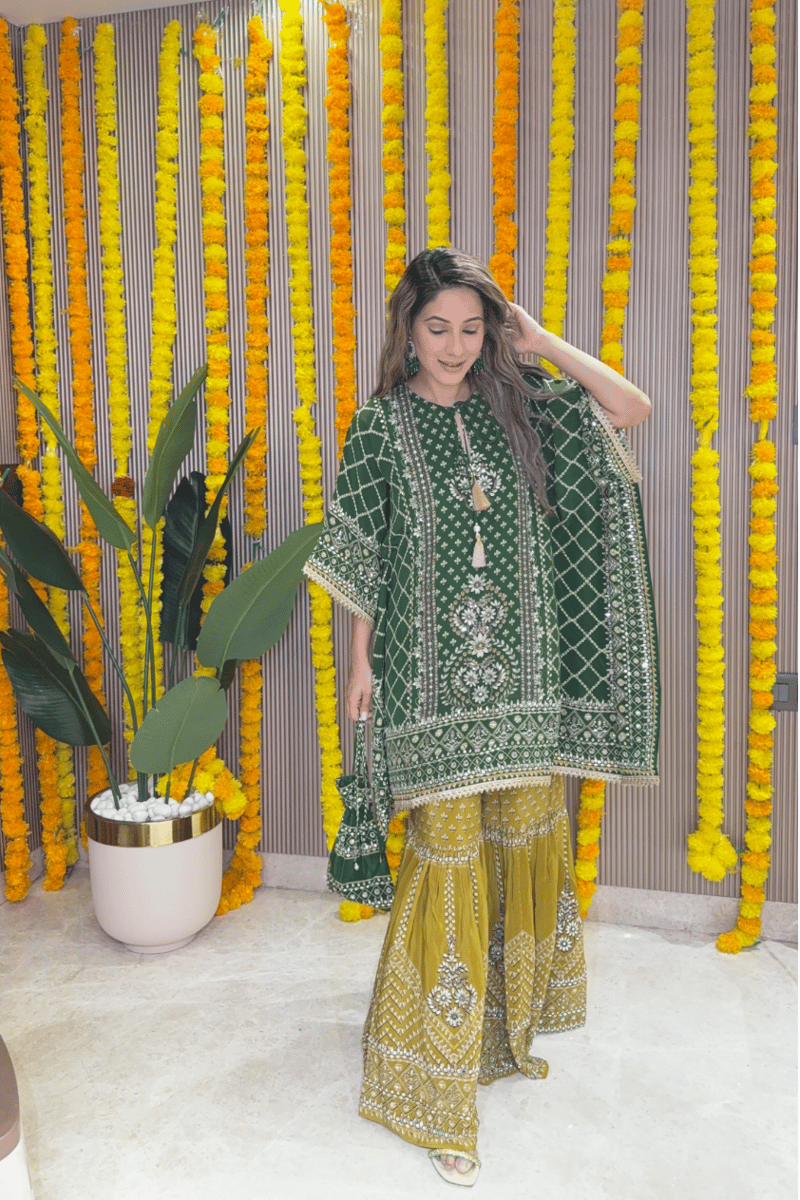 Green Kaftan and Mustard Gharara Co-ord Set