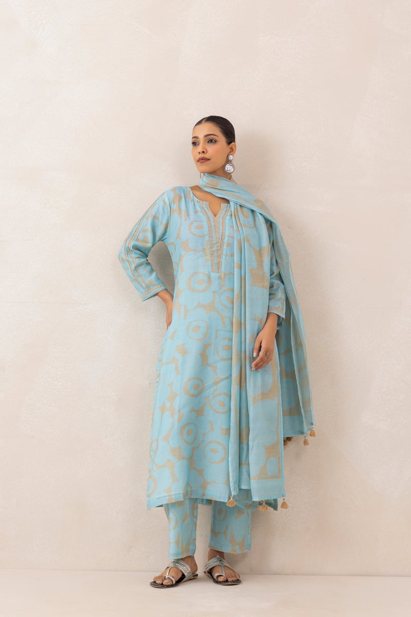 Blue Beige Abstract Printed Chanderi Kurta Set with Dupatta