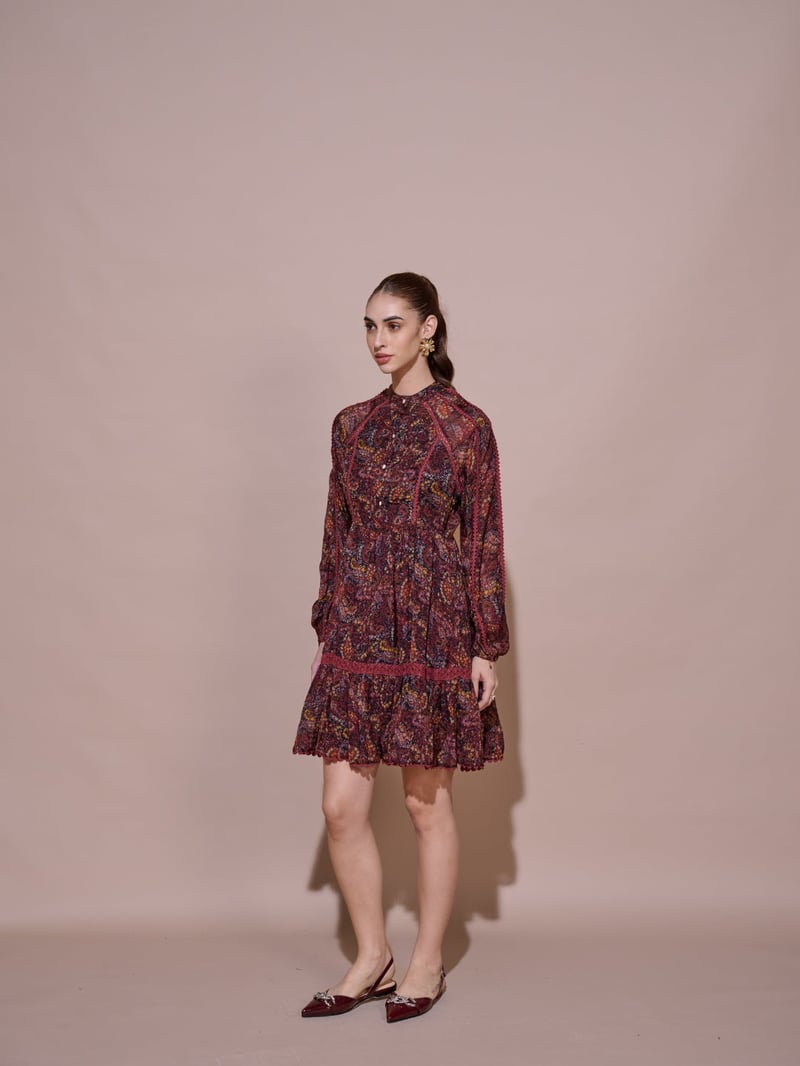 Wine Floral Printed Tiered Knee-Length Dress