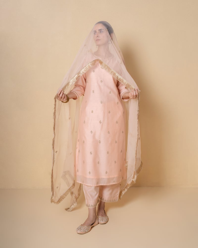 Light Salmon Marori Work Chanderi Suit Set