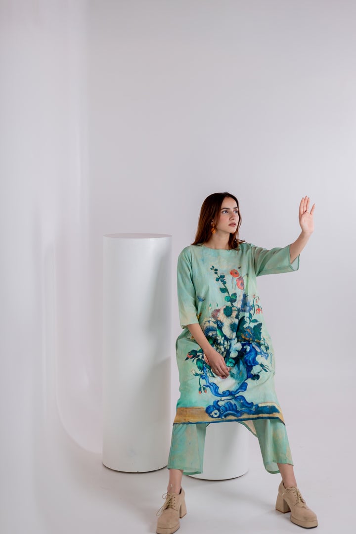 Aqua Green Printed A-Line Kurta and Pant Set