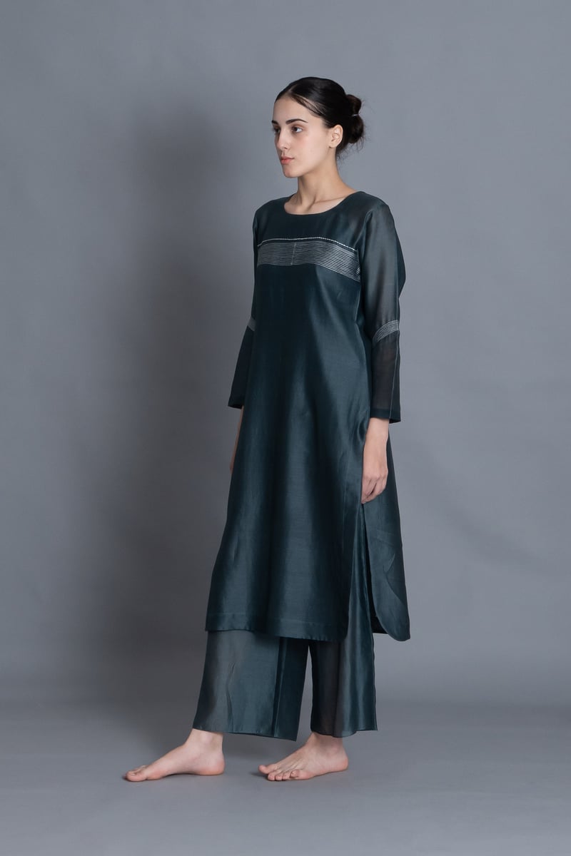 Mint Chanderi Silk Embroidered Straight Kurta Set (3 Pc)