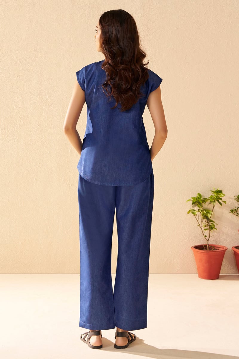 Blue Denim Sleeveless Shirt and Pants Co-ord Set