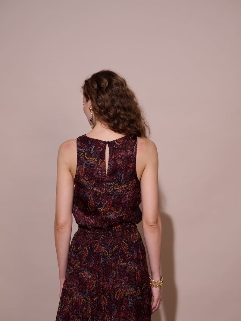 Wine Paisley Print Cowl Neck Sleeveless Top