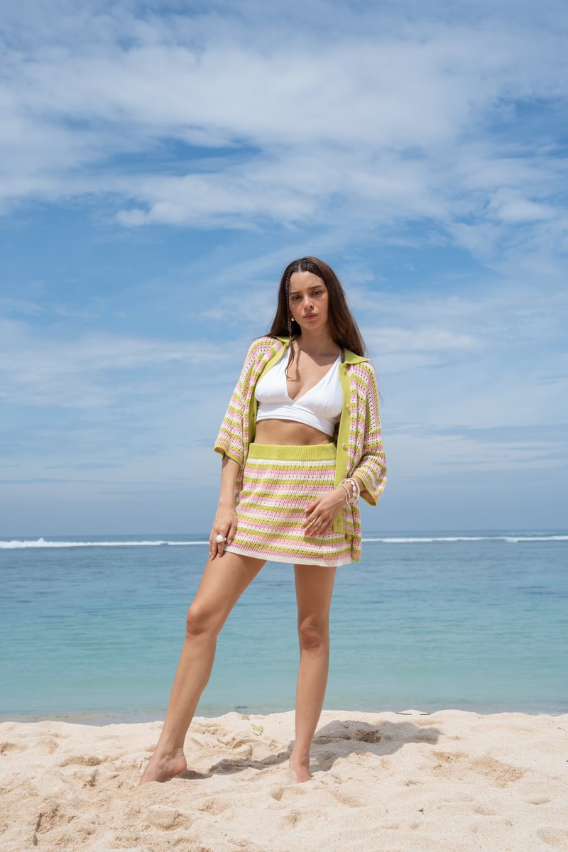 Pink and Green Striped Cotton Knit Button-Up Shirt
