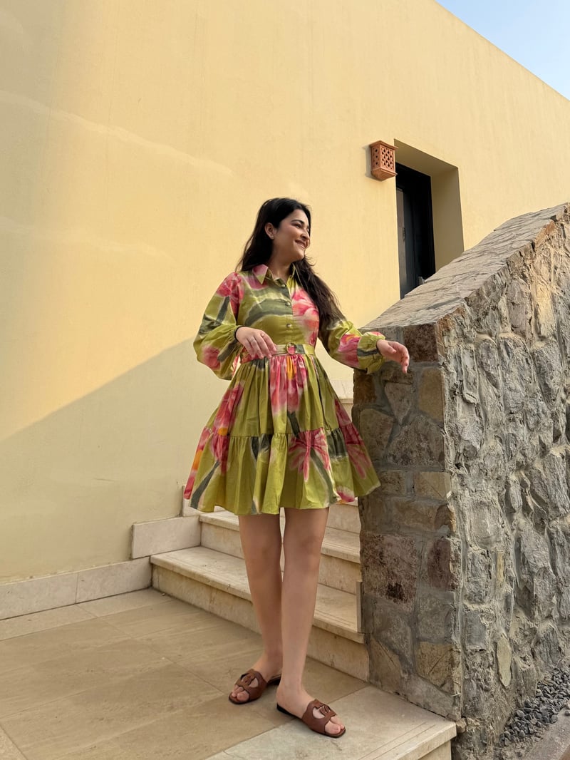 Olive/Pink Floral Mini Shirt Dress with Self Belt