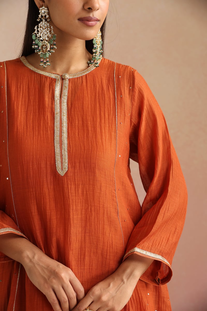 Burnt Orange Silk Chanderi Kurta Set with Gota Trim