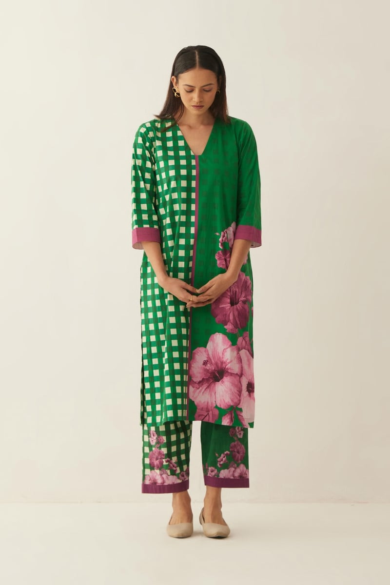 Green Cotton Gingham checks and floral co-ord set